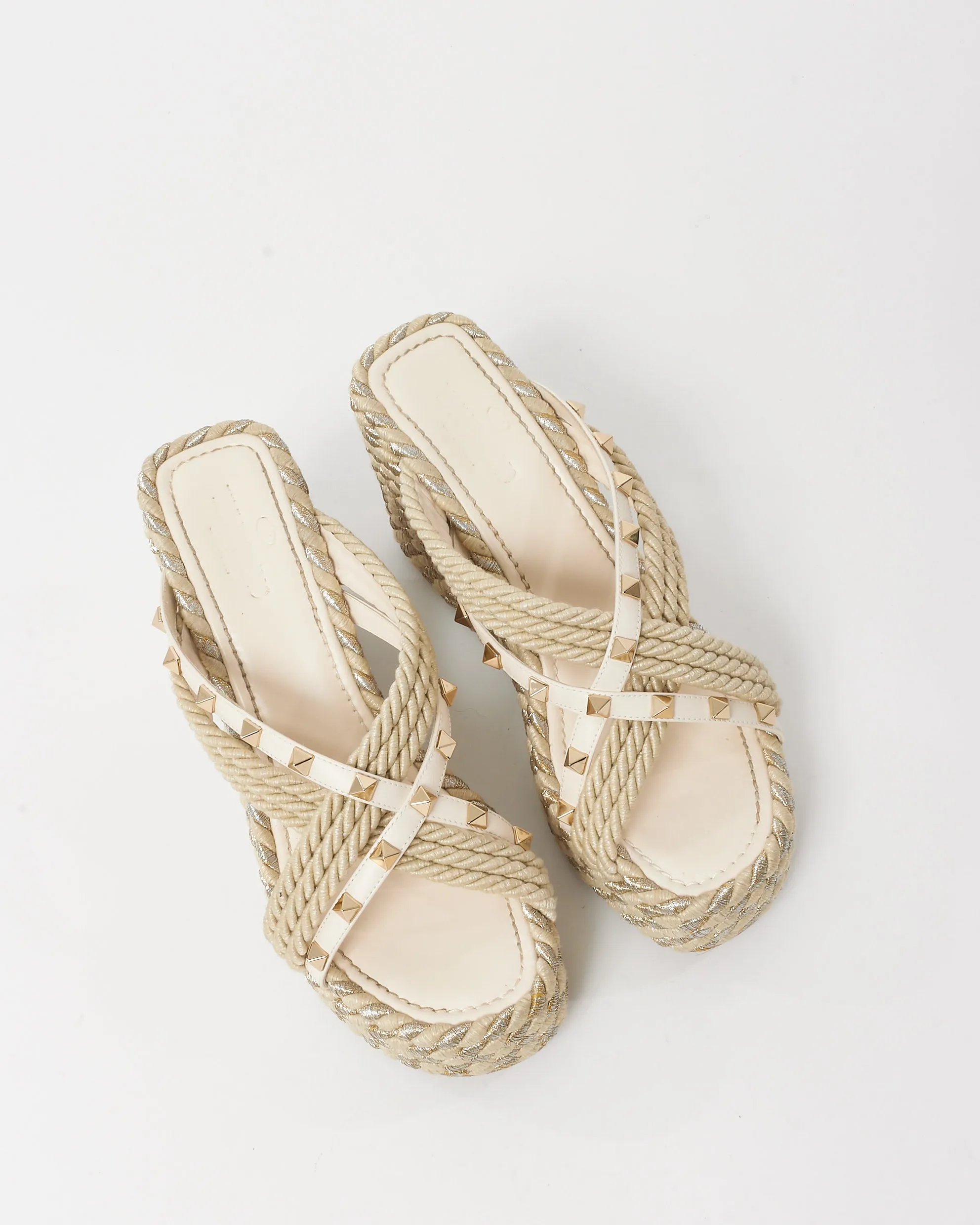 Valentino Beige Metallic Jute Rockstud Espadrille Wedge Sandals - 39