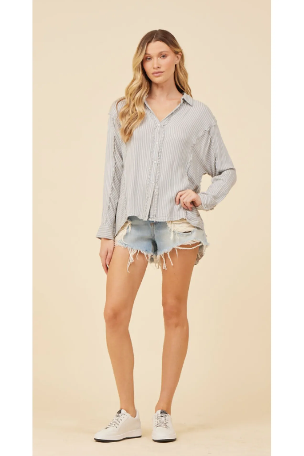 Vintage Havana Denim And White Stripe Button Front Shirt With Back Crochet