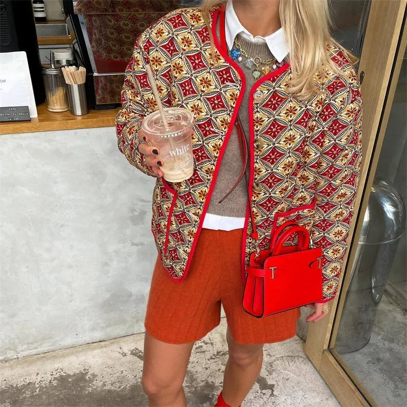 Vintage Oversized Single Breasted Red Print Cotton Loose Winter Woman Coats Ladies Jacket