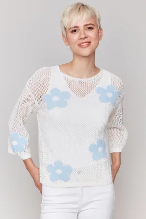 WHITE BLUE DAISIES CROCHET TOP