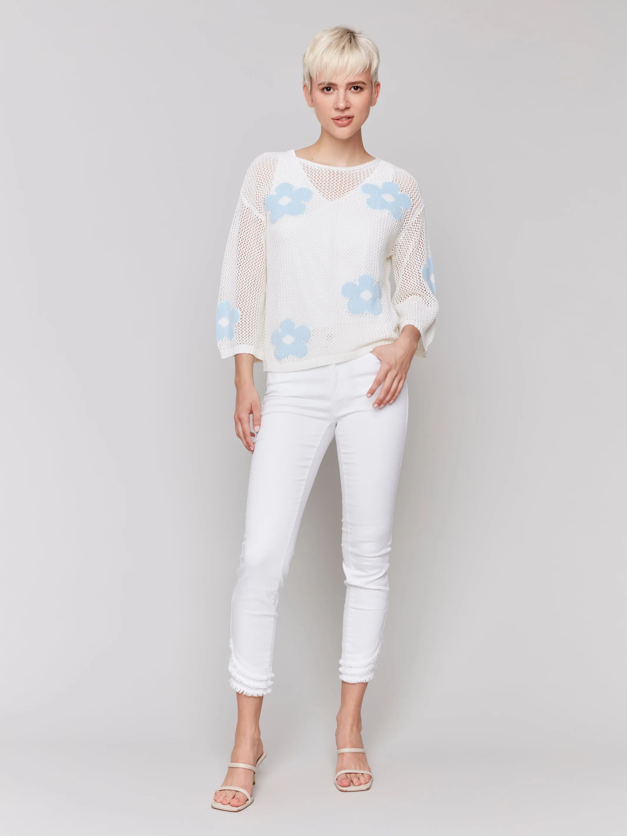 WHITE BLUE DAISIES CROCHET TOP