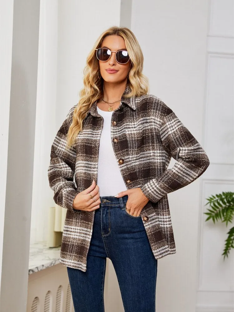 Women Clothing Spring Autumn New Woolen Plaid Jacket Casual Loose Shirt Winter Clothes Women Jacket Streetwear Coat Trench Tops