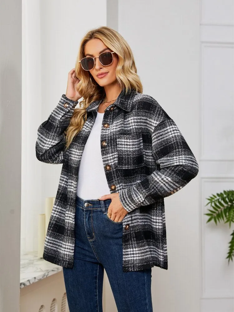 Women Clothing Spring Autumn New Woolen Plaid Jacket Casual Loose Shirt Winter Clothes Women Jacket Streetwear Coat Trench Tops