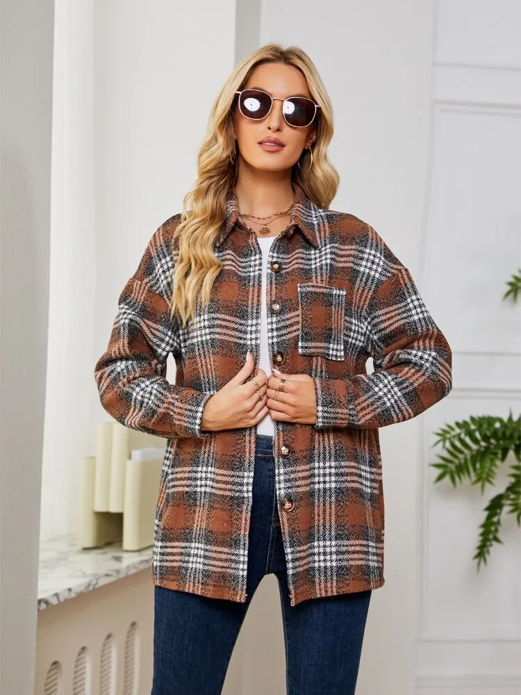 Women Clothing Spring Autumn New Woolen Plaid Jacket Casual Loose Shirt Winter Clothes Women Jacket Streetwear Coat Trench Tops