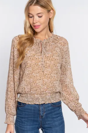 Women's Long Slv Smocked Print Woven Top