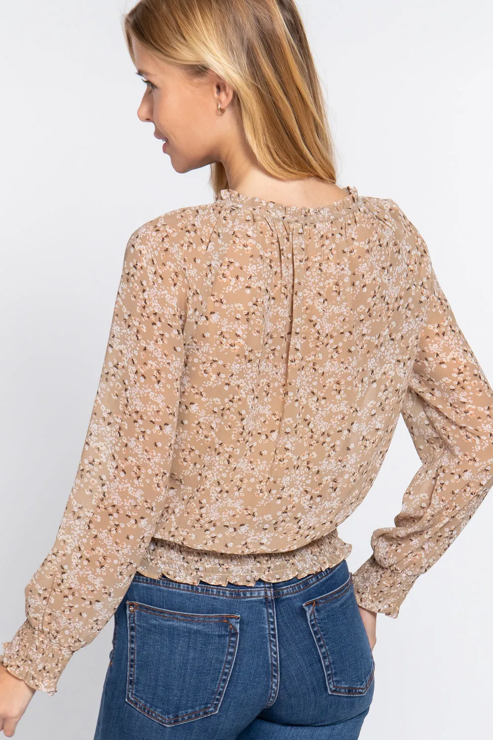 Women's Long Slv Smocked Print Woven Top