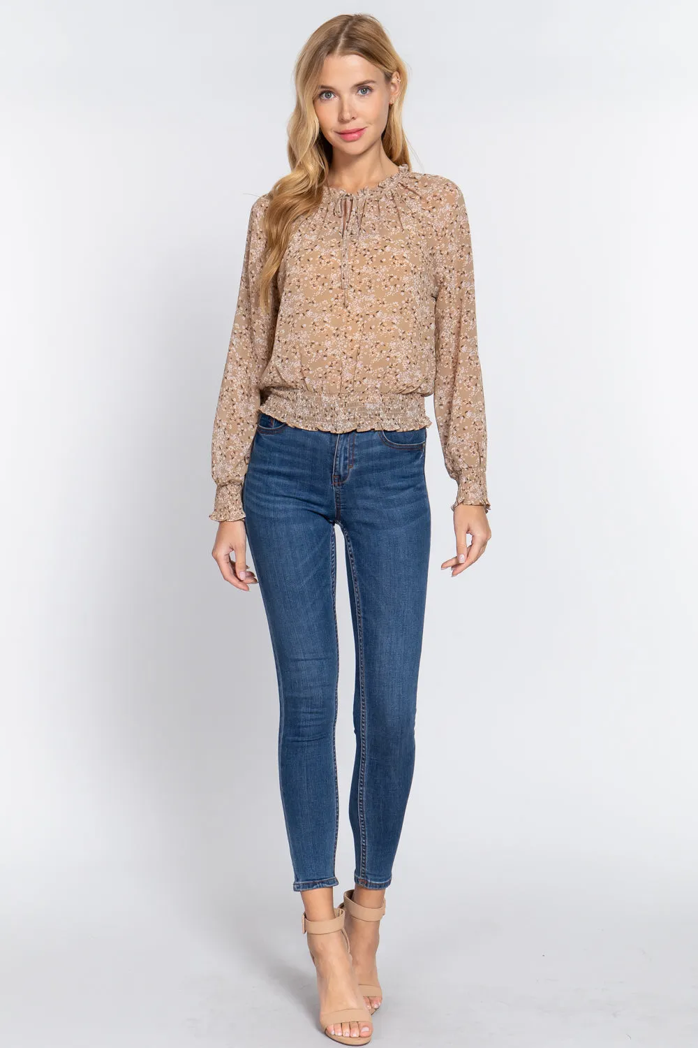 Women's Long Slv Smocked Print Woven Top
