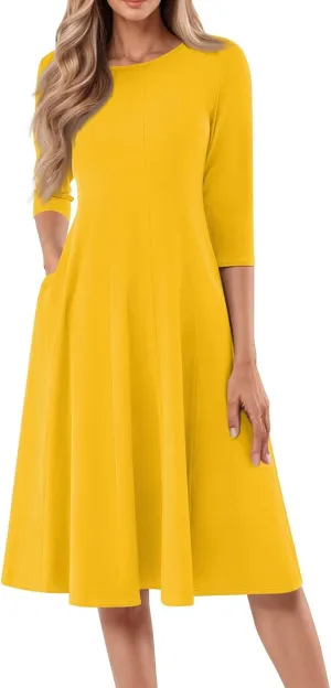 Women's Summer Dresses 2025 Casual Loose Trendy Crew Neck 3/4 Sleeve Solid Midi Dress Plus Size, S-3XL