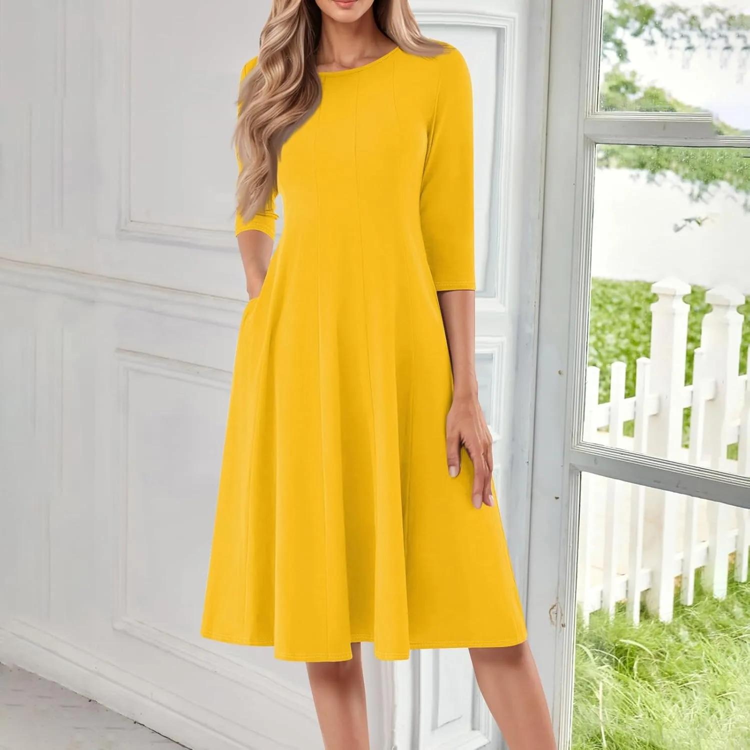 Women's Summer Dresses 2025 Casual Loose Trendy Crew Neck 3/4 Sleeve Solid Midi Dress Plus Size, S-3XL