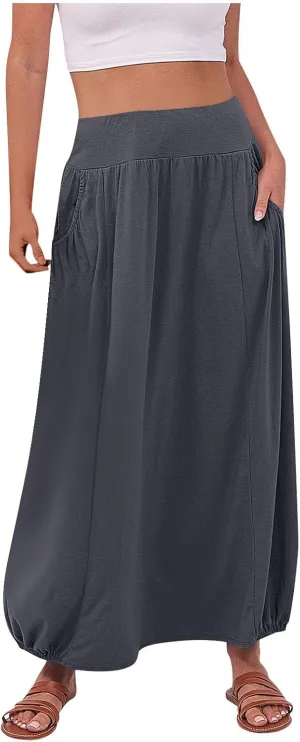 Womens Summer Long Maxi Skirt Solid A Line Pleated Elastic Waist Skirts 2025 Trendy Casual Beach Skorts with Pockets