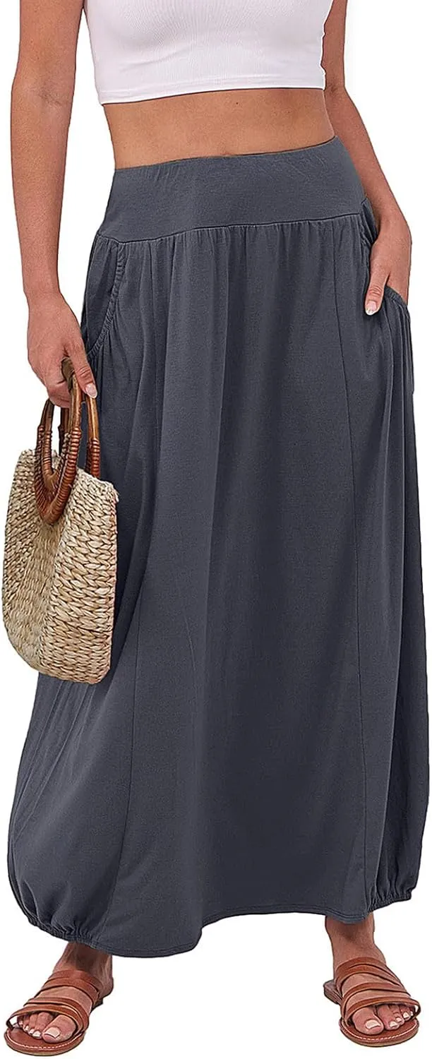 Womens Summer Long Maxi Skirt Solid A Line Pleated Elastic Waist Skirts 2025 Trendy Casual Beach Skorts with Pockets