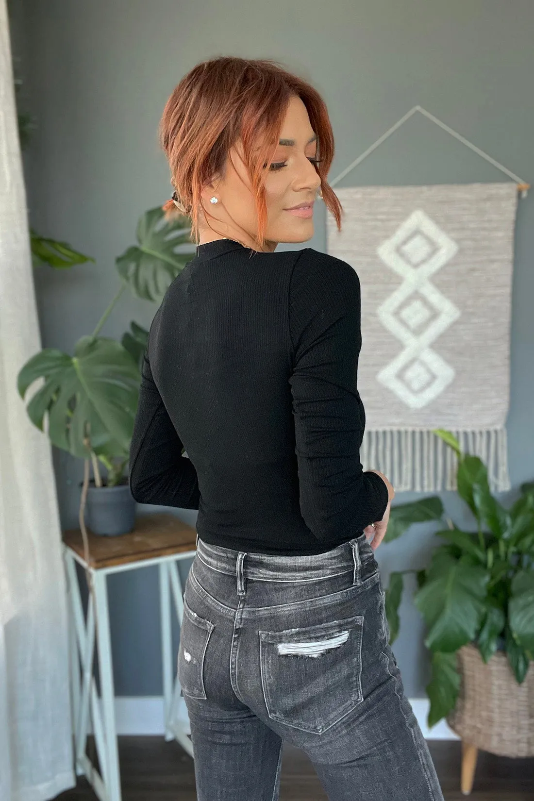 Worth the Wait Ribbed Cut Out Mock Neck Bodysuit Top- Black