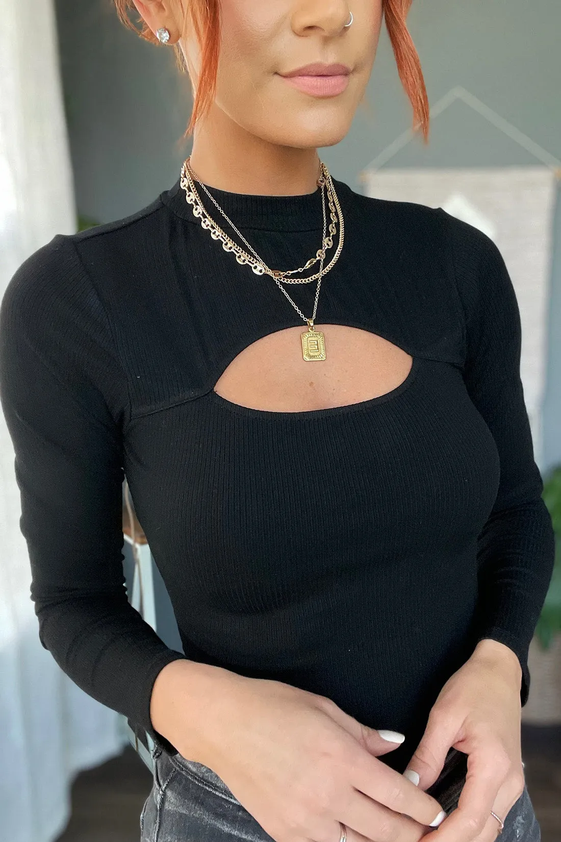 Worth the Wait Ribbed Cut Out Mock Neck Bodysuit Top- Black